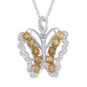 Golden Rutilated Quartz Butterfly Pendant in Silvertone with Chain